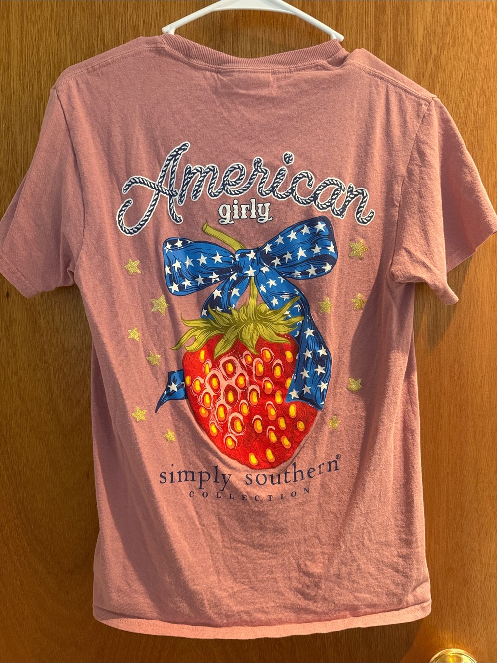 Simply Southern Pink Tee with Patriotic Strawberry Graphic